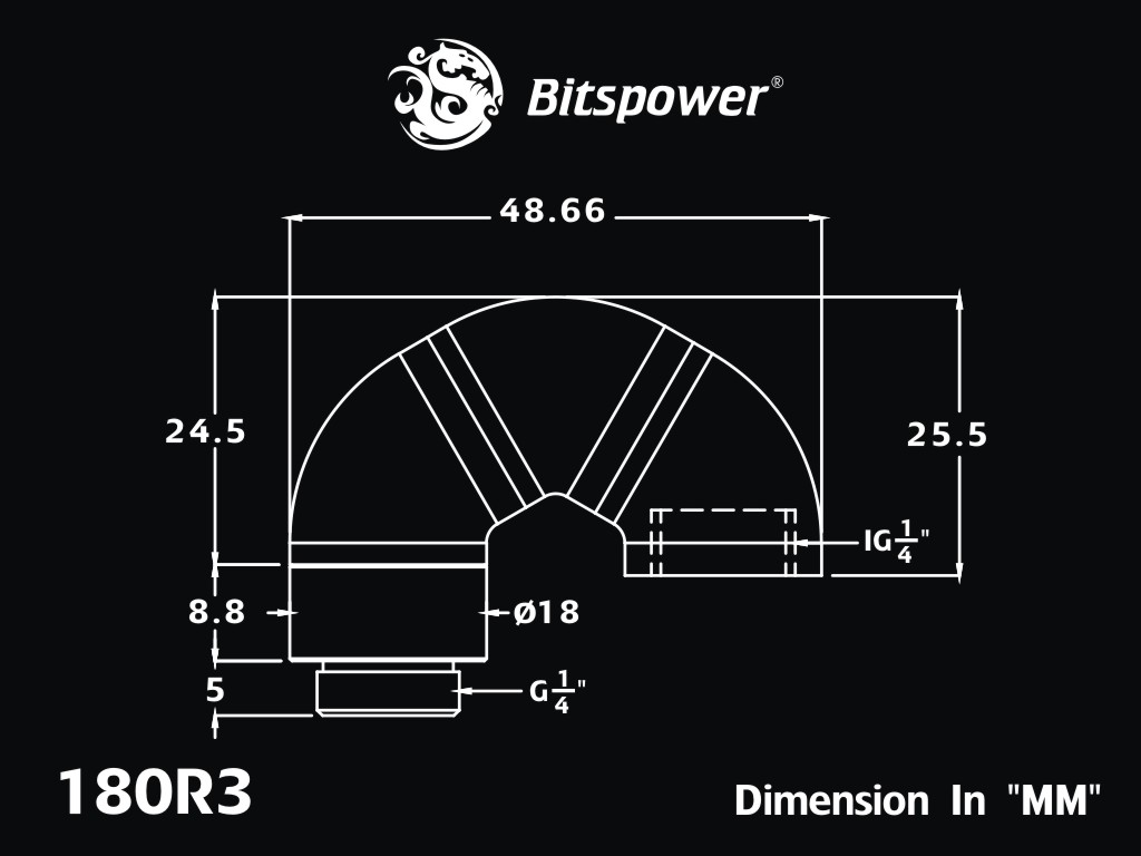 Bitspower G1/4" Matt Black Triple Rotary 180-Degree Extender (60X3)