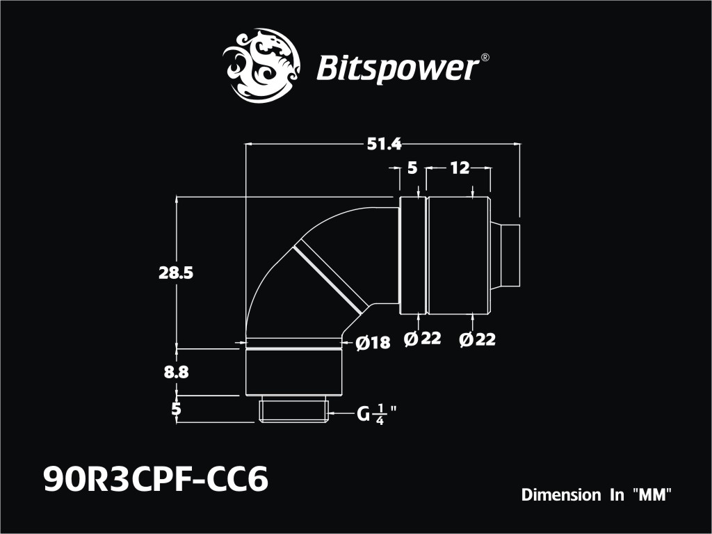 Bitspower G1/4" Matt Black Triple Rotary 90-Degree Compression Fitting CC6 For ID 7/16" OD 5/8" Tube